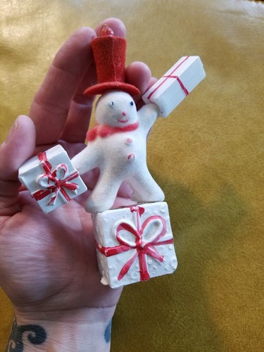 Vintage Lg Blow Mold Flock Christmas Ornament Snowman Top w/ Presents Modern Red