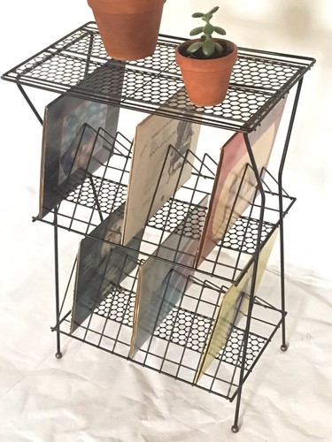 Vintage MCM Record Album Rack Stand LP's Black Metal Wire Plant 3 Tier