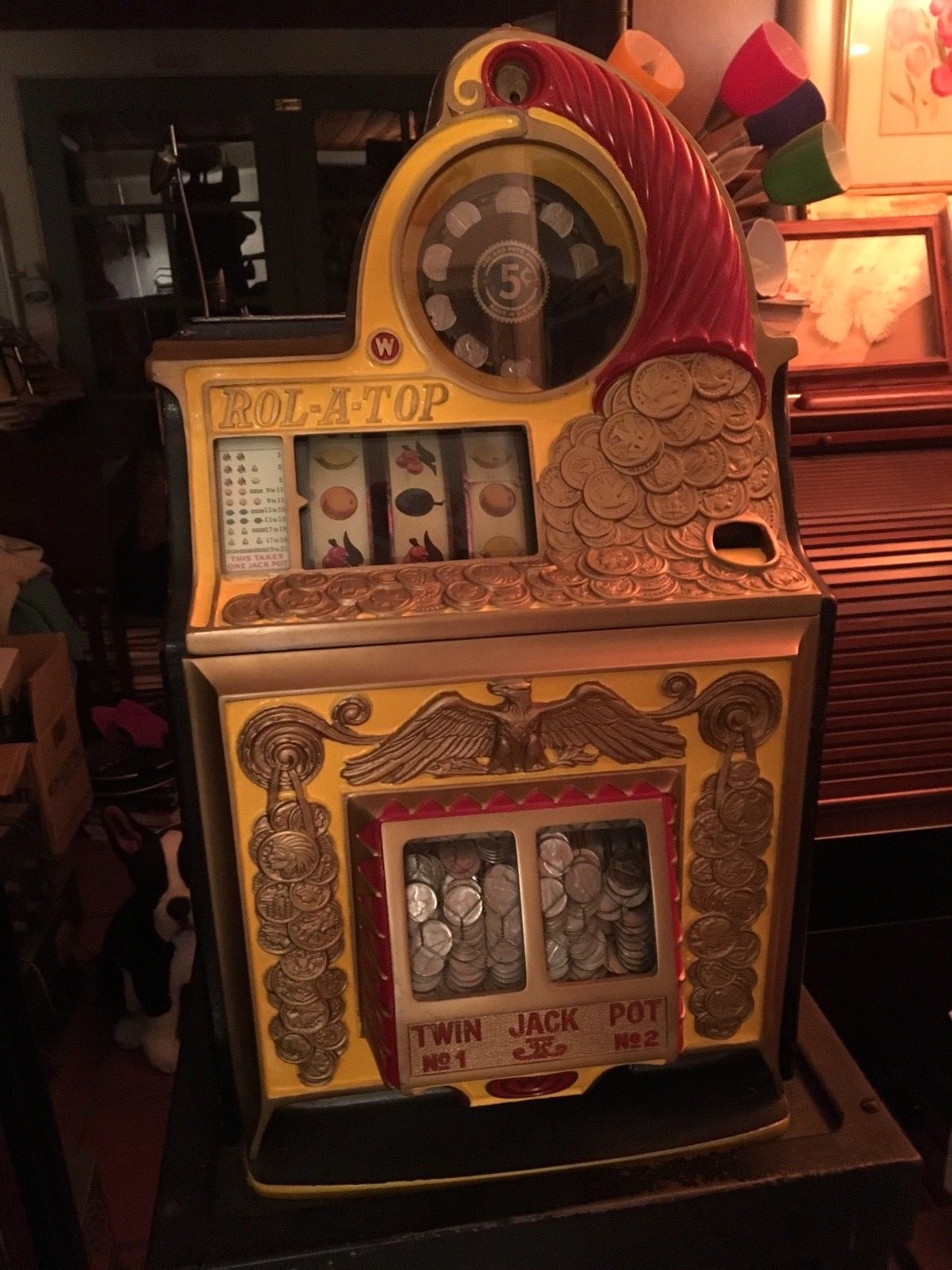 BLUE SEAL WATLING  ROL-A-TOP 5c SLOT MACHINE, + RARE  METAL BASE CABINET.