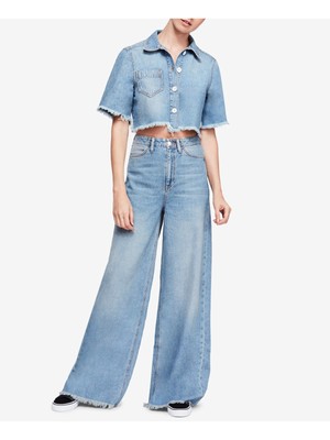 

FREE PEOPLE Женский синий топ с короткими рукавами и воротником. Размер