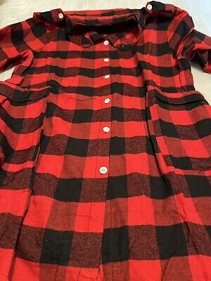 Miss Girls Flannel Shirt Top Size med. : Red/ black Plaid Long Sleeve low pocket