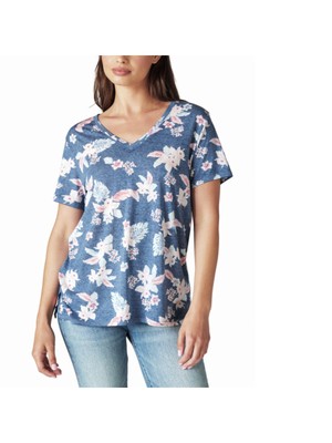 

LUCKY BRAND Женская синяя футболка с коротким рукавом и V-образным вырезом с цветочным принтом, Синий