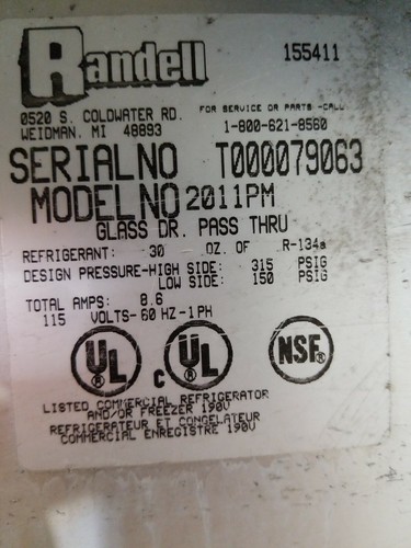 Randell 1 door or pass thru Cool