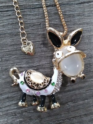 Eclectic Whimsical BLACK CARTOON DONKEY MULE Rhinestone Pendant Necklace