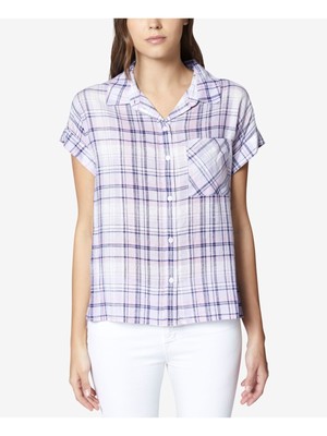 SANCTUARY Womens Purple Boyfriend Plaid Short Sleeve Collared Button Up Top XS