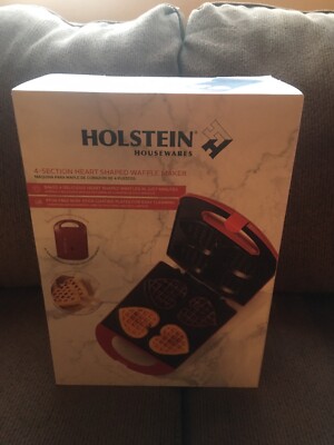 NEW IN BOX - HOLSTEIN HOUSEWARES Red Heart-Shaped 4-Waffle Maker Non-Stick