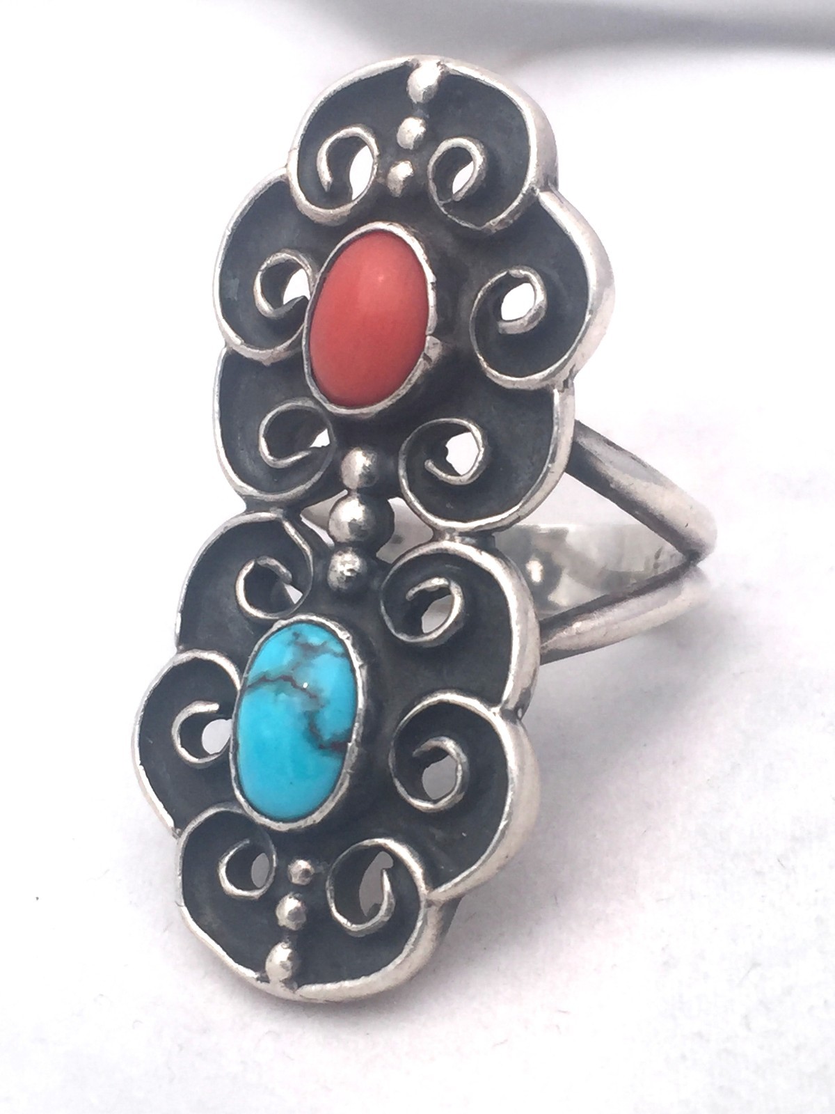 Vintage Sterling Silver Band Turquoise Coral Southwest Tribal Size 8.25 13.2g