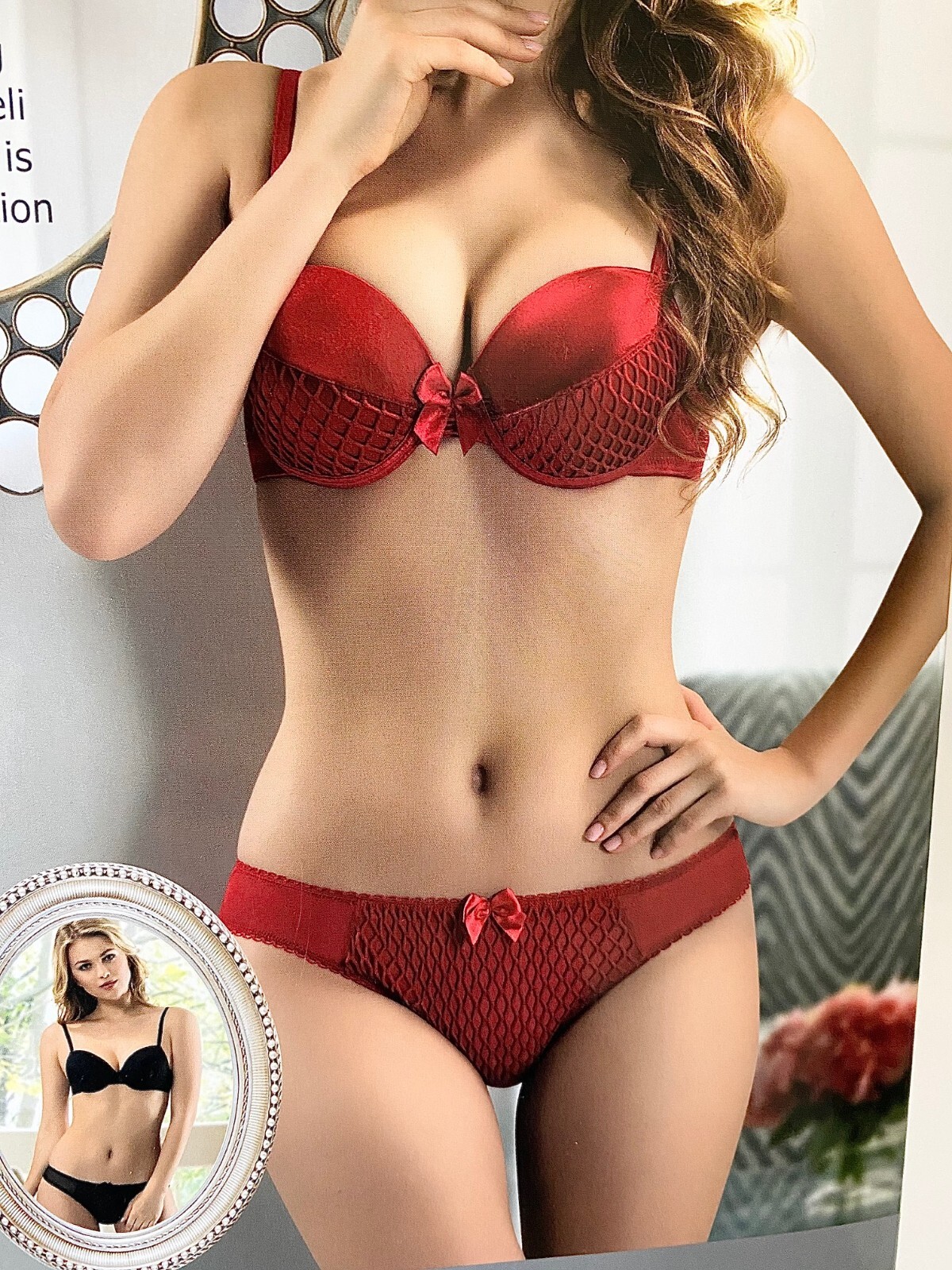 

КОМПЛЕКТ 3 предметов DIAMOND Нижнее белье RED PUSH-UP Сетчатый бюстгальтер на косточках, трусики-стринги  XL, НОВИНКА, Красный