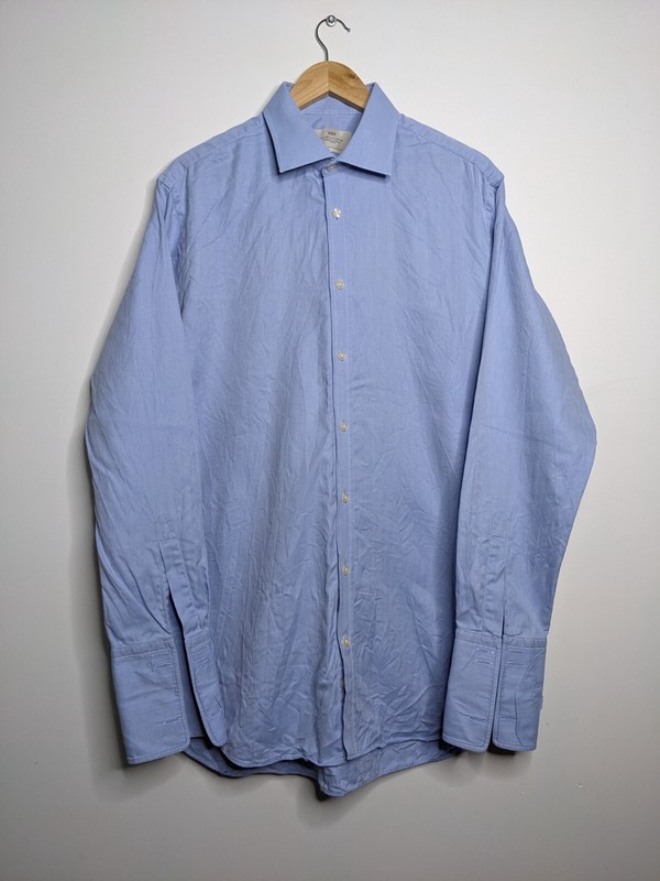 Hawes & Curtis Shirt Mens 17 36 Blue Herringbone  Jermyn Street Business Dress