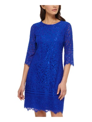 KENSIE DRESSES Womens Blue Lined 3/4 Sleeve Above The Knee Sheath Dress 8