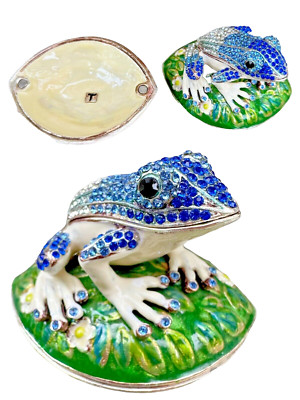 FROG  Hand Painted Enamel Jeweled Trinket Box With Necklace &Austrian Crystals.