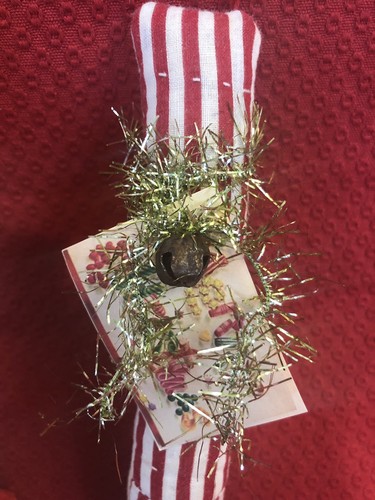 Primitive Handmade Candy Cane ornie of Vintage Quilt/Chenille~OOAK Christmas