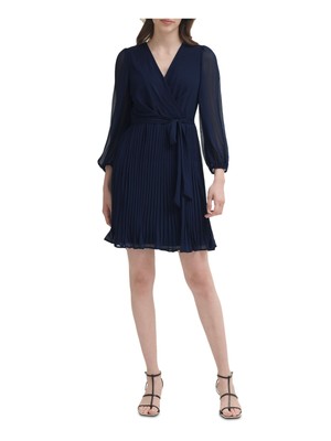 

DKNY Женское темно-синее платье с объемным рукавом выше колена на завязках и ножом, Navy