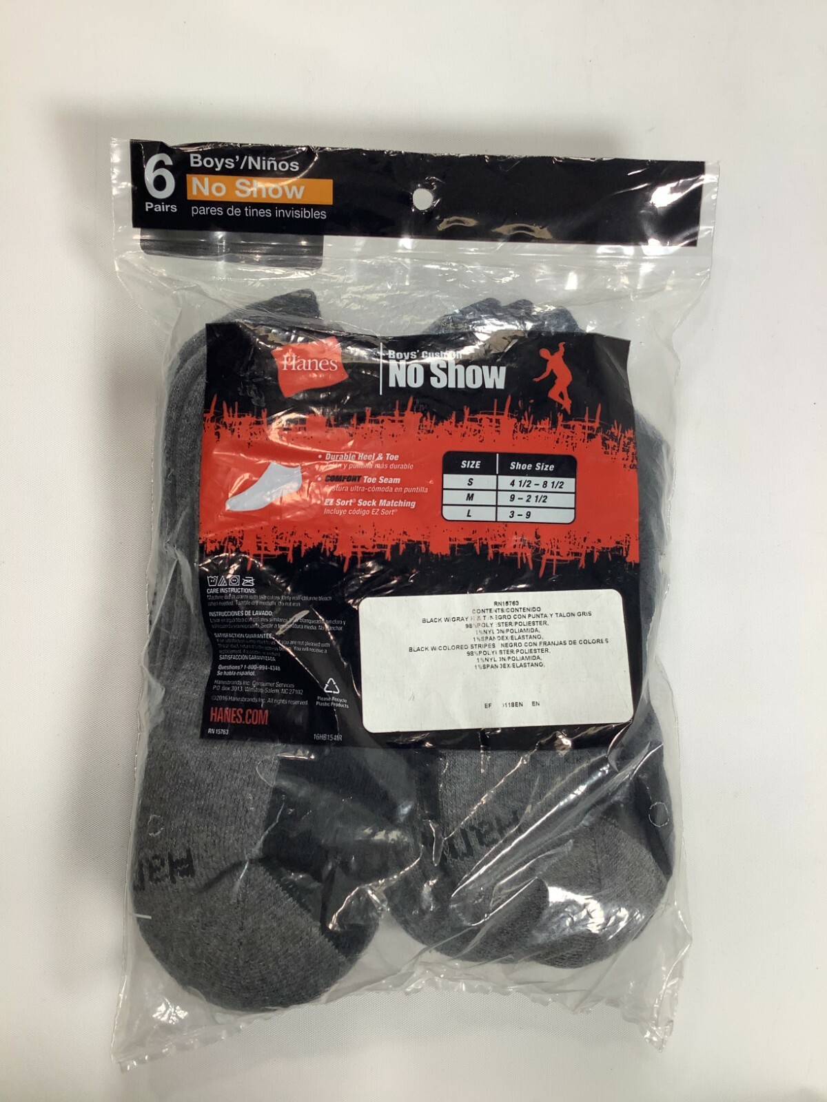 Boys Hanes Black No Show Socks Large 6 pack NEW! - Picture 2 of 4