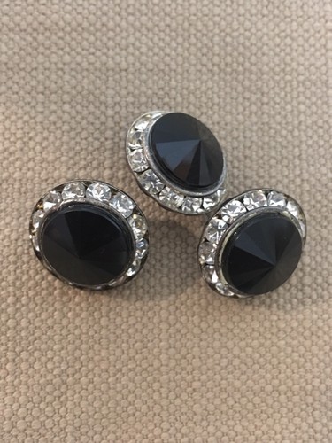 3 Vintage Large Jet Black & Clear Rhinestone Abstract Round Buttons 3/4” Inch