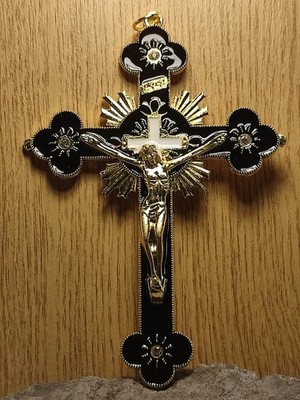 Kruzifix Kreuz in Gold Schwarz Jesus Christus unser Heiland Teilglasiert 12Cm