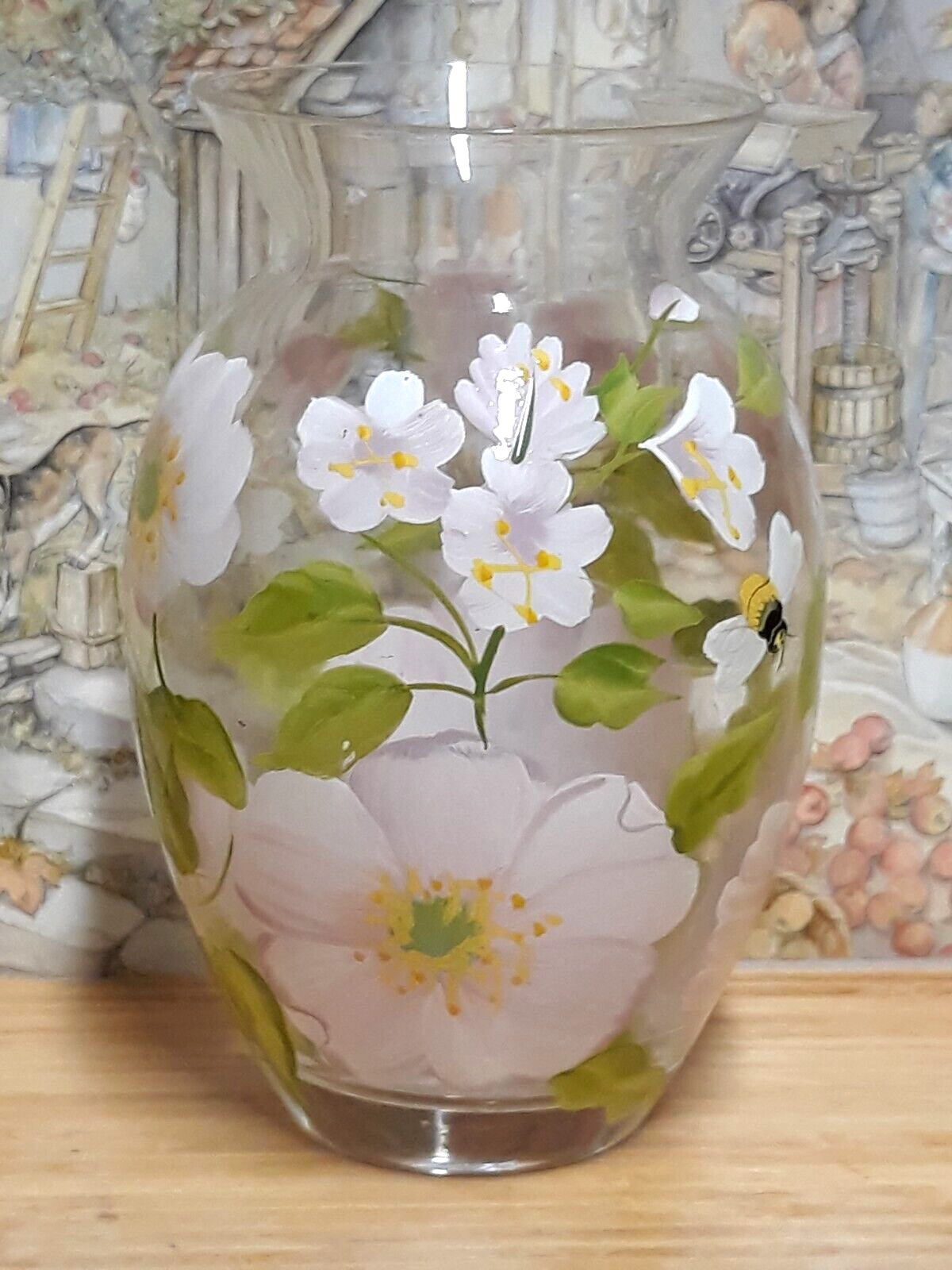 Vintage Clear Glass Vase with Hand Painted Pink Tea Rose
