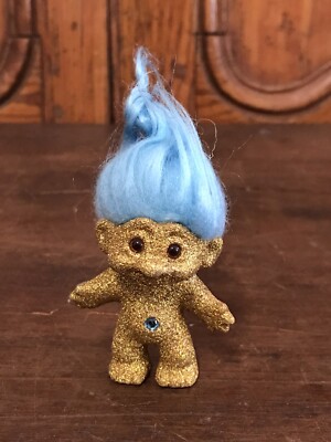 Scarce Original Gold Glitter Troll Good Luck Doll DAM Mystery Troll Blue Hair