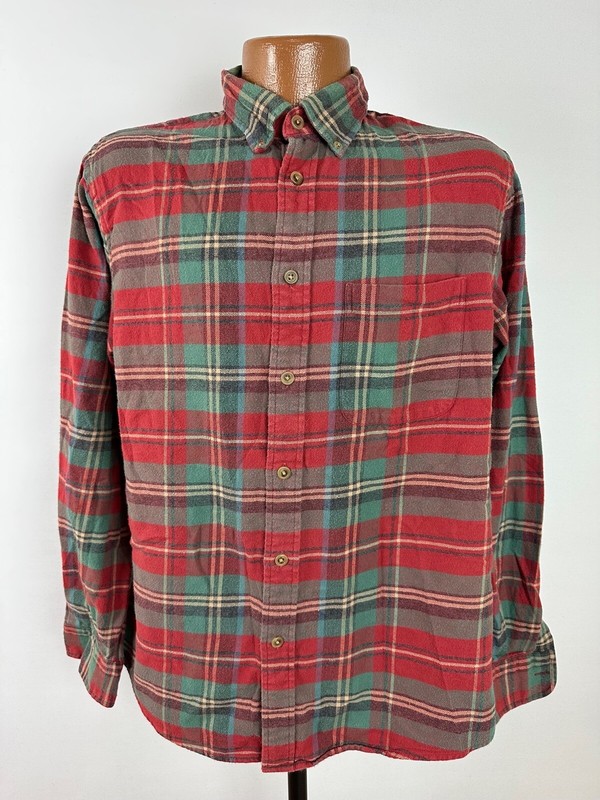 Lands End Flannel Shirt Men Medium Red Green Plaid Casual Outdoors Preppy Cotton