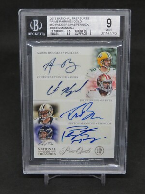 2013 National Treasures Manning Brees Rodgers Kaepernick 1/1 BGS 9 QUAD Auto