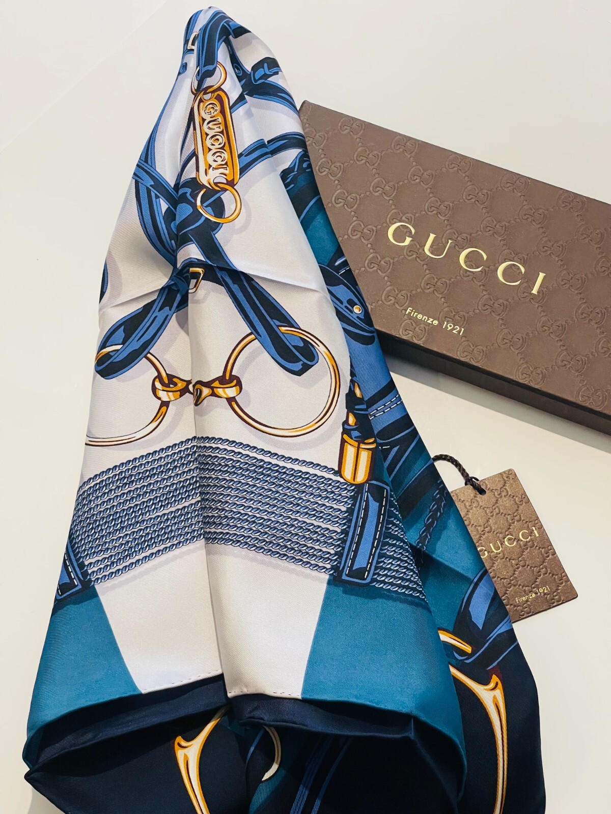 Pre-owned Gucci Silk Wrap Equestrian Horsebit Blue White Unisex Scarf With  Gift Box In Multicolor