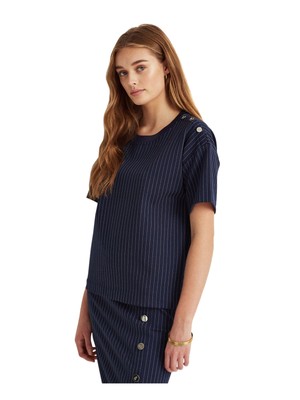 

RALPH LAUREN Женская темно-синяя футболка с круглым вырезом и короткими рукавами в тонкую полоску, Navy