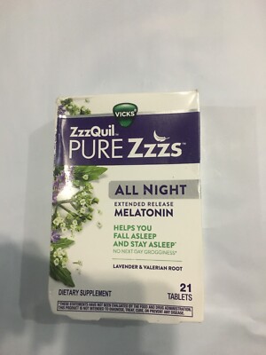 ZzzQuil Pure Zzzs ALL NIGHT Melatonin + lavender valerian 21 tablets Exp.12/2023