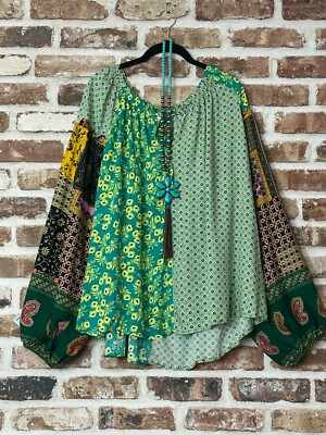 PLUS SIZE BOHO Vintage FLORAL PRINT BLOCK TUNIC TOP MULTICOLOR 1X 2X 3X