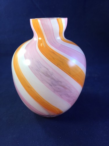 Art Glass Vase -hand blown- Pink/White/Orange Swirl Pattern.  4 1/4 
