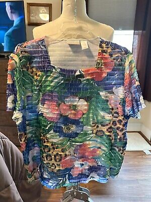 ALFRED DUNNER MULTI COLOR RUFFLED PULL OVER TOP, SIZE 2X,
