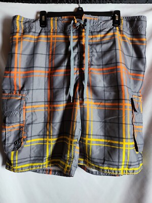 Vtg OP Ocean Pacific Gray Windowpane Plaid Swim Board Surf Shorts Mens XL 40/42