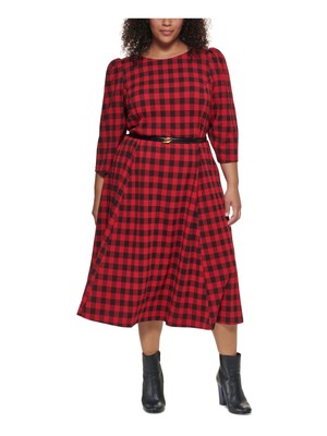

CALVIN KLEIN Женское красное платье миди без подкладки с поясом и рукавами 3/4 Plus, Красный