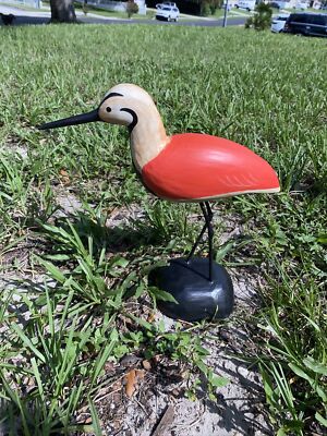 SANDPIPER METAL LEGS HAND CARVED WOOD TROPICAL SCULPTURE BIRD DECOR