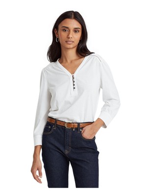 

LAUREN RALPH LAUREN женский белый топ с рукавами 3/4 и V-образным вырезом
