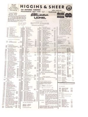 Higgins & Sheer Lionel Model Train 1 Page Catalog Advertisement Price List