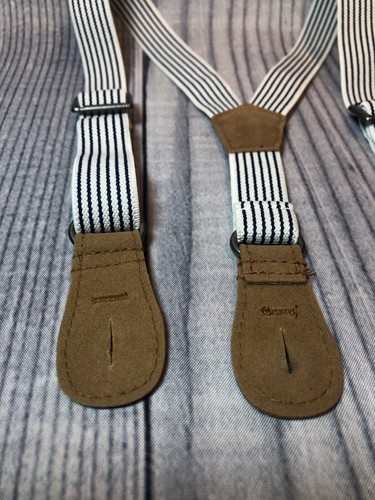 Elastic Suspendes Braces Boys Child Size Blue Stripe Leather Button-On 1