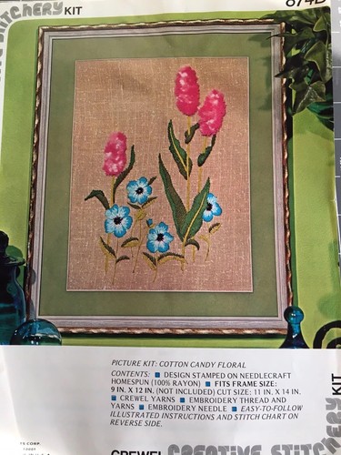Cotton Candy Floral 3D Crewel Embroidery Kit Sealed 9x12 Fluffy Pink Flowers