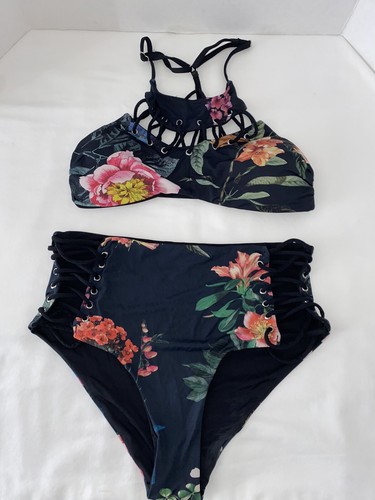 Rue 21 XS Tropical Flower Black Floral Bathing Suit High Rise Bikini Swimwear