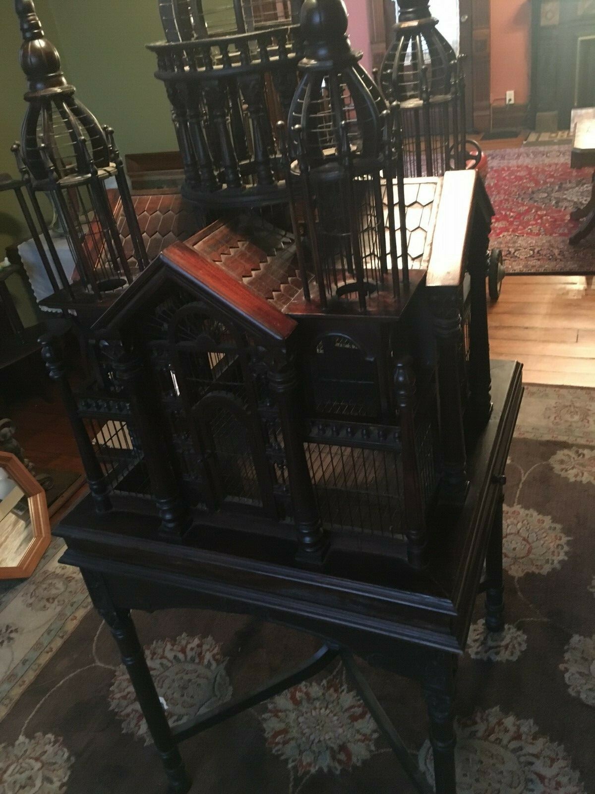VINTAGE MAHOGANY WOOD BIRD CAGE SACRE COUER CATHEDRAL W/ TABLE 6 FOOT TALL NICE!