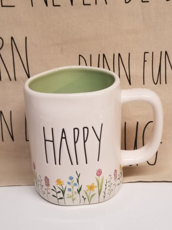 Rae Dunn Happy Mug W/Flowers & GREEN Handle Interior New! 