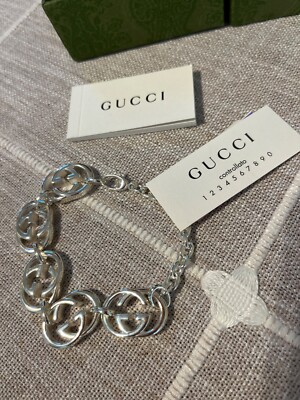 GUCCI  BRITT  G LOGO INTERLOCKING GG 925 STERLING SILVER BRACELET New in Box