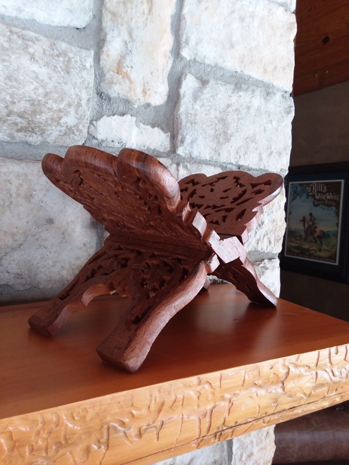 Vintage Hand Carved Teak Wood Book Recipe Cookbook Bible Stand Holder Folding