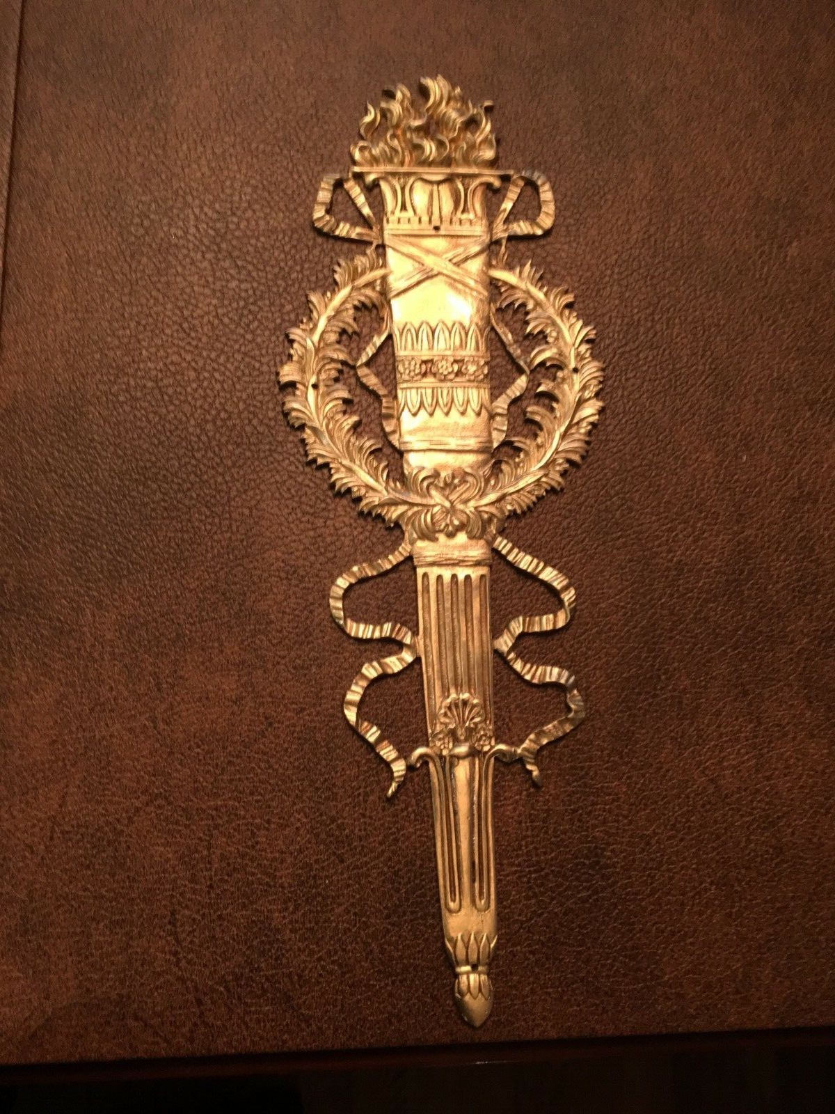 Antique Large French bronze furniture  applique torch, wreath, ribbon design