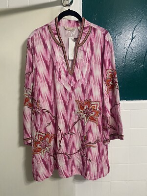 Soft Surroundings Large Altea Ikat Pink Embellished Beaded Kimono Blouse Top