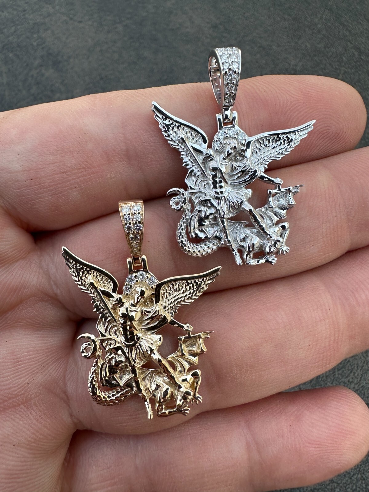 Pre-owned Hip Hop Real Diamond Saint Michael Archangel Pendant Solid 14k Gold Necklace Pendant In White