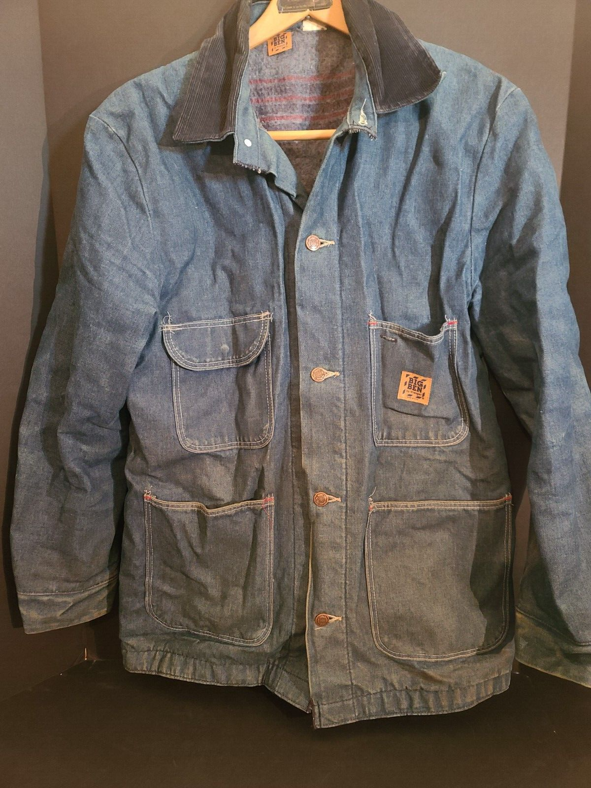70〜80's Wrangler Coverall Chore Coat Vtg Wrangler dark denim work chore barn jacket coat cord collar