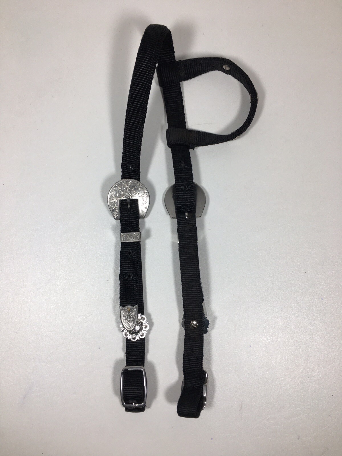 Black Nylon Western One Ear Headstall Silver Engraved Conchos