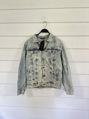 NEW ZARA MEN LIGHT BLUE DENIM JACKET STUDS STONES SKULL FADED WASH SIZE XL Y23J