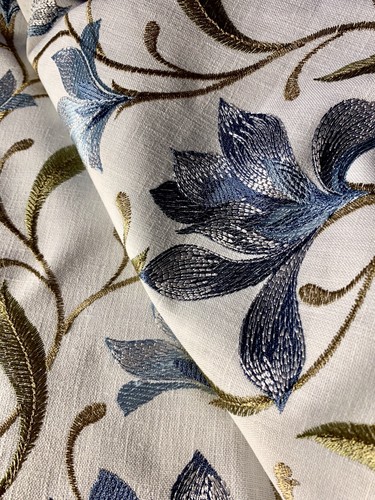 DESIGNER LORE NAVY EMBROIDERED COTTON LINEN REMNANT 20”x54”