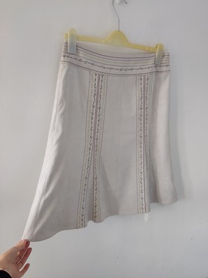Next Womens Beige Faux Suede Broderie Aline Knee skirt Size 12 Workwear retro
